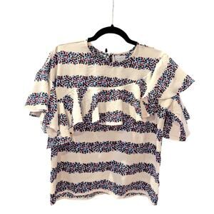 Mudpie‎ Ruffle Sleeve Blouse M Cream Blue Red Dotted Stripe Textured Boho Top